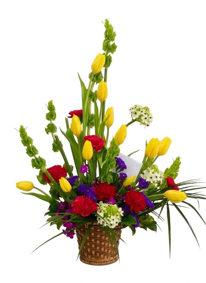 Arreglo primaveral, tulipanes amarillos.